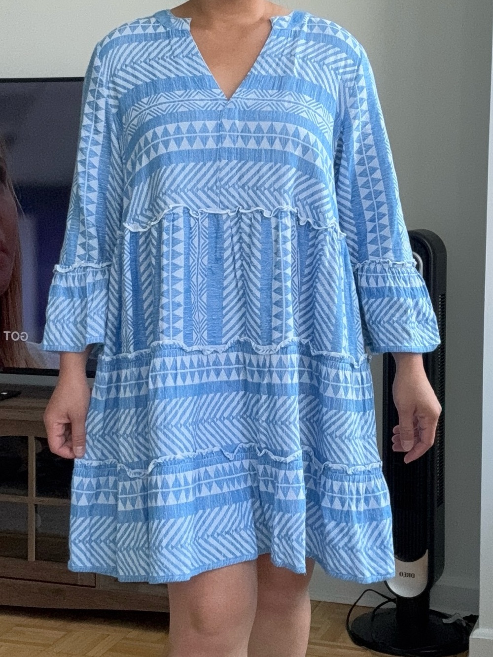 Mud Pie Blue & White Geometric Tiered Dress